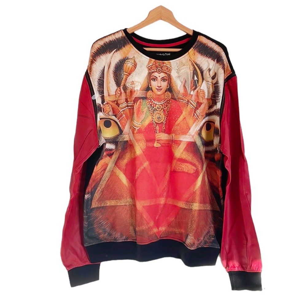 HUDSON Crewneck Faux Leather Detachable Sleeve Indian Goddess Sweatshirt sz 3XL